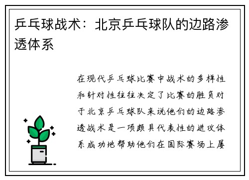 乒乓球战术：北京乒乓球队的边路渗透体系