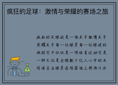疯狂的足球：激情与荣耀的赛场之旅
