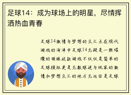 足球14：成为球场上的明星，尽情挥洒热血青春