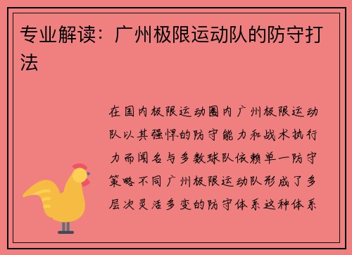 专业解读：广州极限运动队的防守打法