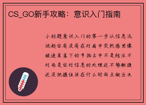 CS_GO新手攻略：意识入门指南