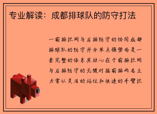 专业解读：成都排球队的防守打法