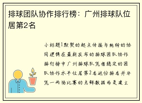 排球团队协作排行榜：广州排球队位居第2名