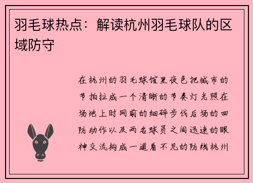羽毛球热点：解读杭州羽毛球队的区域防守